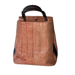 Puntotres Bucket Bag Croc Embossed Leather Pale Sand Brown Accents  EUC